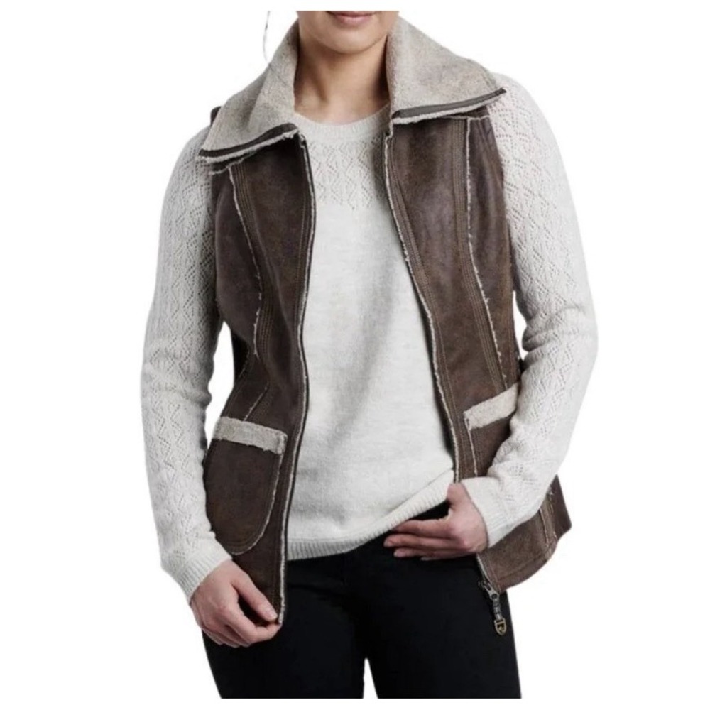 KUHL Projekt Dani Sherpa Vest Womens Medium Brown Faux Leather Wool Blend